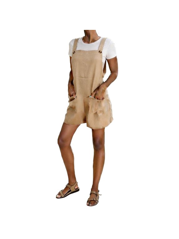 Women's Faux Linen Short Overalls Solid Color Casual Summer Bib Shortalls with Pockets Khaki