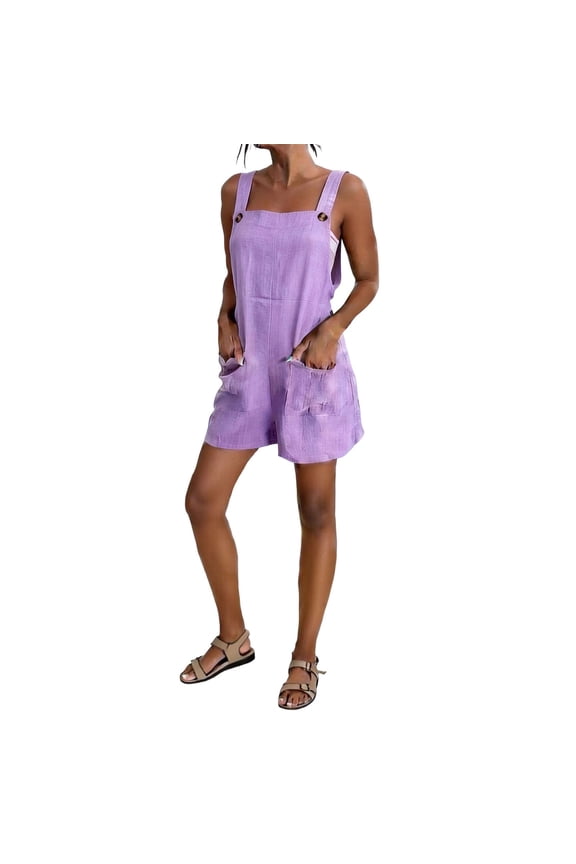 Women's Faux Linen Short Overalls Solid Color Casual Summer Bib Shortalls with Pockets Purple