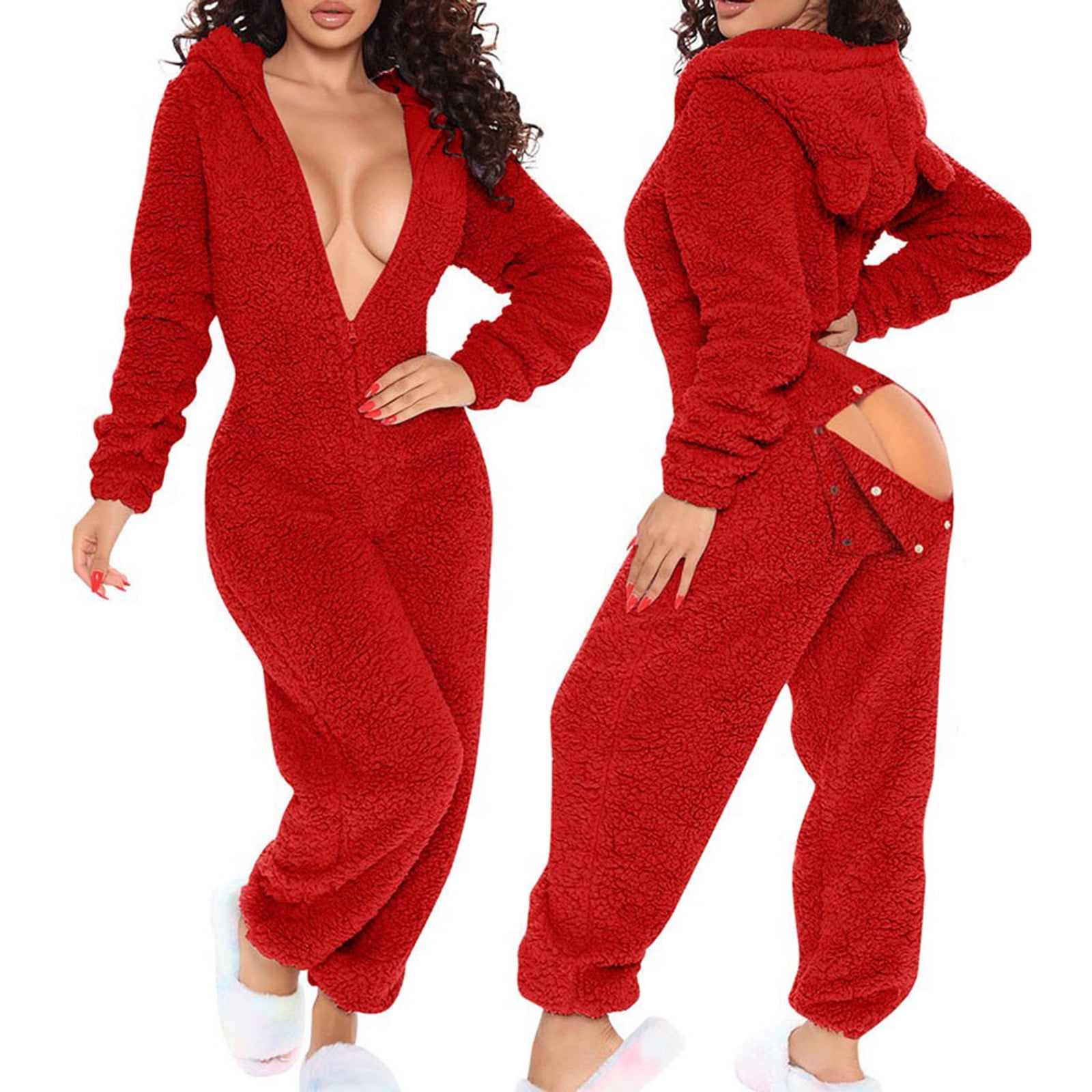 RYDCOT Women s Fleece Hooded Onesie Pajama Winter V Neck Button Down Front Jumpsuit Buttoned Flap Pajamas Adults Rompers Sleepwear Clearance