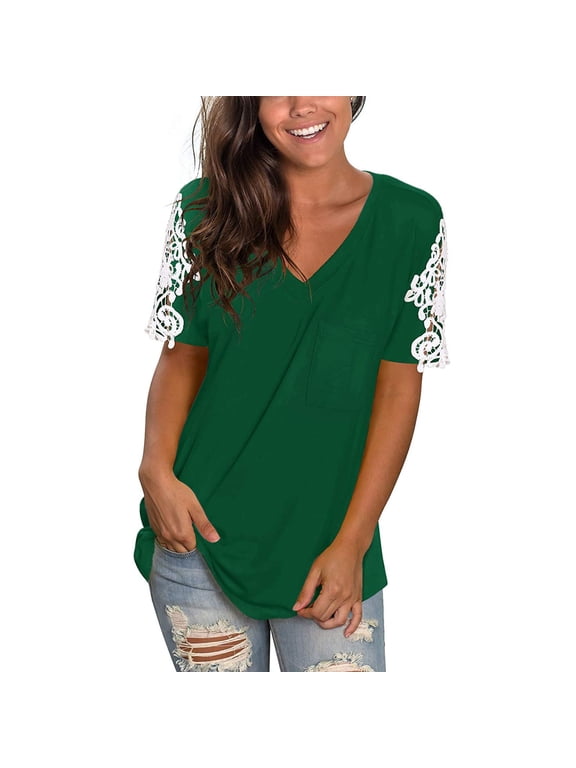 Women's Lace Short Sleeve V-Neck T-Shirt Loose Casual Summer Tee Tops Green XL