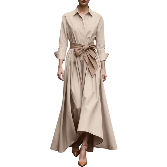 RYDCOT Women's Lapel Collared Maxi Blouse Dress V Neck Elegant Long Sleeve A-line Pleated Shirt Long Dress Beige