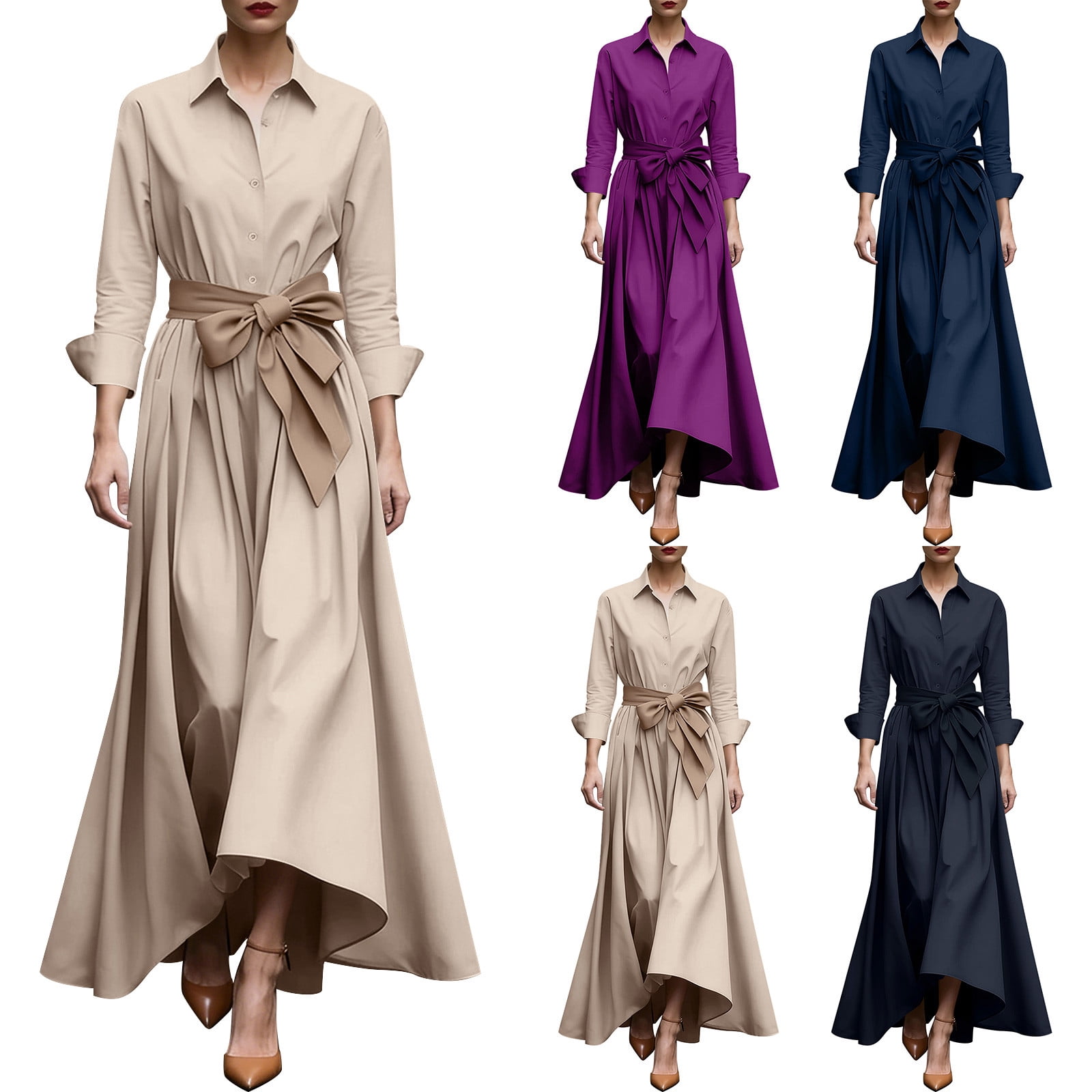 RYDCOT Women's Lapel Collared Maxi Blouse Dress V Neck Elegant Long ...