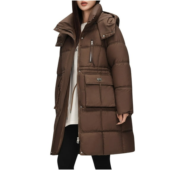 RYDCOT Women's Long Quilted Coat Long Sleeve Puffer Jacket Solid Hooded Padded Down Coats Thicken Warm Winter Snow Outerwear Jacket with Pockets Sale