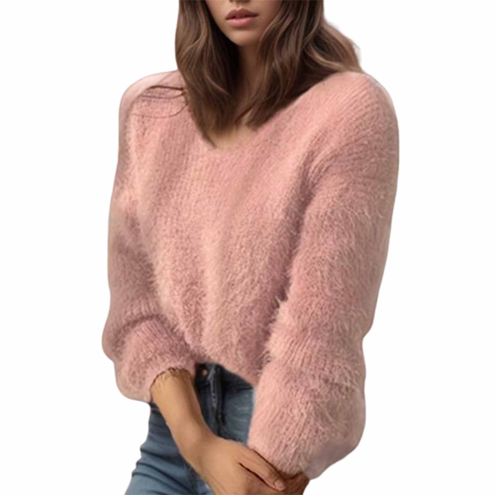 RYDCOT Women's Long Sleeve V-Neck Fuzzy Sweater Tops Fall Winter ...