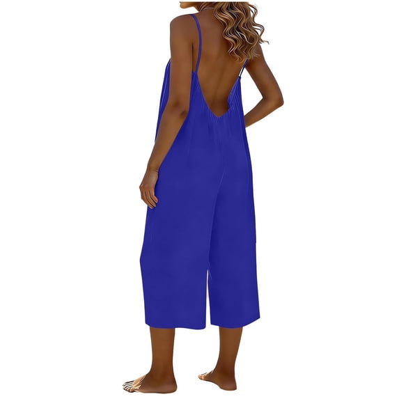 RYDCOT Women's Loose Casual Crew Neck Sleeveless Jumpsuits Adjustable Spaghetti Straps Capri Pants Overalls with Pockets Blue
