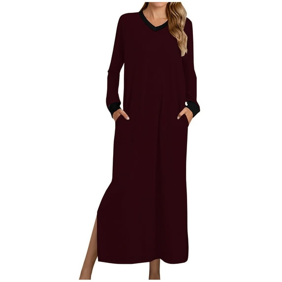 RYDCOT Women's Nightshirt with Pockets Long Sleeve Nightgown Color Block V Neck Side Slit Sleepwear Long Dress Pajama Dress Soft Loungewear Clearance
