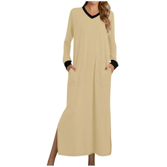 RYDCOT Women's Nightshirt with Pockets Long Sleeve Nightgown Color Block V Neck Side Slit Sleepwear Long Dress Pajama Dress Soft Loungewear Clearance