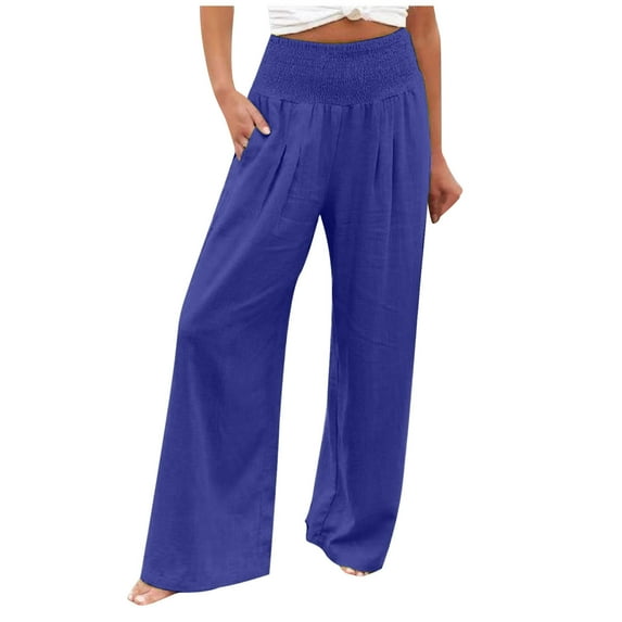 RYDCOT Women's Pants with Pockets Fashion Pants 2023 Trendy Wide Leg Pants Elastic Waist Casual Cotton and Linen Pants Long Straight Pants on Clearance