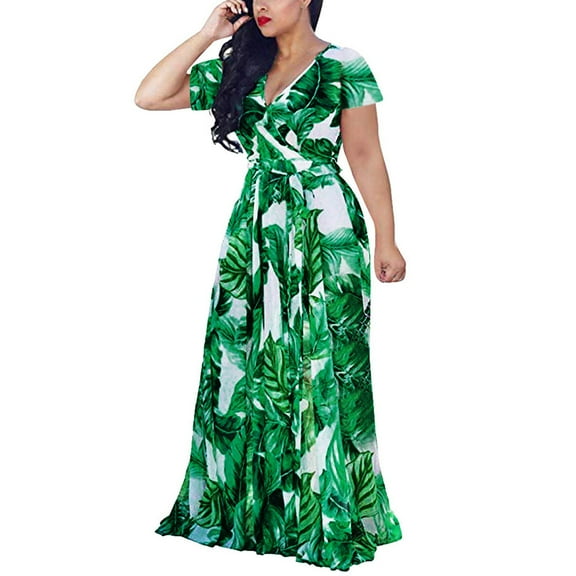 RYDCOT Women's Plus Size V-neck Short Sleeve Casual Bohemian Belt Split Long Dress Green XXL