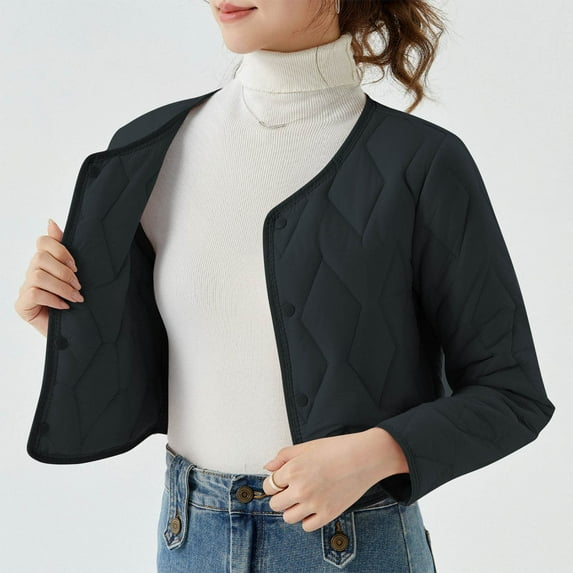 RYDCOT Women's Quilted Jacket Button Down Cropped Puffer Jacket Lightweight Collarless Warm Fall Winter Coats Outwear Sale