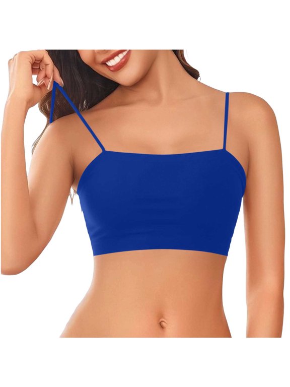 Women's Seamless Ice Silk Padded Spaghetti Strap Crop Tank Tops, Wireless Removable Pad Lounge Camisoles Blue-A Free Size
