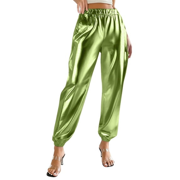 RYDCOT Women's Shiny Jogger Pants - Solid Color Drawstring Cuff Trousers Casual Lounge Pants Green