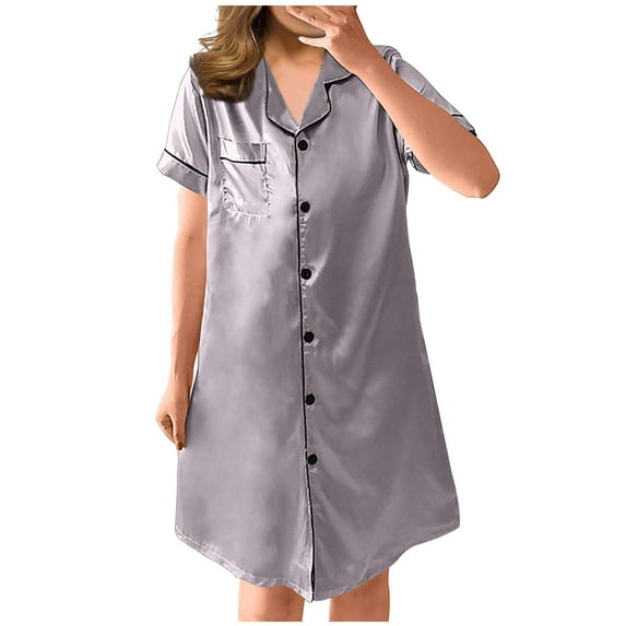 RYDCOT Women's Silk Nightgowns Button Down Sleep Shirts Boyfriend Short Sleeve V-Neck Satin Nightshirt Pajama Dress with Pockets Women Clothing