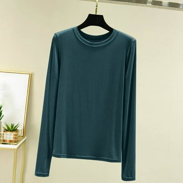 RYDCOT Women's Soft Comfy Pajama Tops Crew Neck Long Sleeve Sleep Tee Shirt Solid Color Ladies Lounge Tops Casual Basic Tops Fall Tees