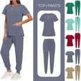 thumbnail image 1 of RYDCOT Women's Solid Color Nurse Uniform Short Sleeve V Neck Button Top Side Slit Pockets Drawstring Jogger Pants Scrubs Set Red, 1 of 9