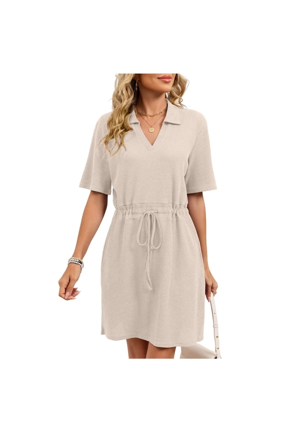 Women's Solid Color Sleepshirt, Fashion Short Sleeve Collared Adjustable Drawstring Tunic Nightgown Khaki