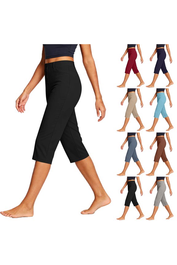 Women's Summer Cropped Pants - Solid Color Straight Leg Elastic Waist Casual Pants with Side Pockets Red