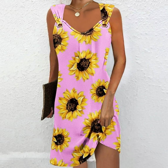 RYDCOT Women's Summer Dresses 2024 Beach Casual Sleeveless Sunflower Print Tank Dresses Sundress T Shirt Dresses for Women Loose Fit on Clearance