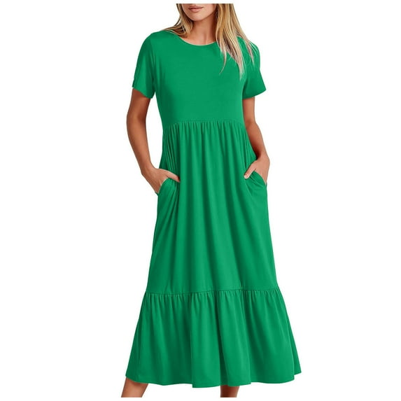 RYDCOT Women's Summer Dresses 2024 Casual Short Sleeve Loose Plain Dress Flowy Tiered Maxi Beach Dress with Pockets Shirt Dresses for Women on Clearance