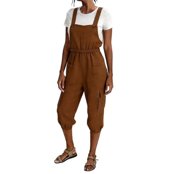 RYDCOT Women's Summer Faux Linen Short Overalls Casual Bib Overall Knee Length Rompers with Pockets Brown