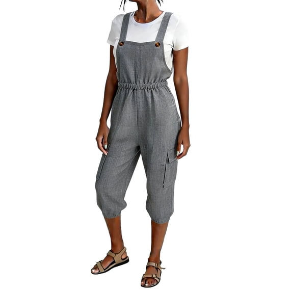RYDCOT Women's Summer Faux Linen Short Overalls Casual Bib Overall Knee Length Rompers with Pockets Gray
