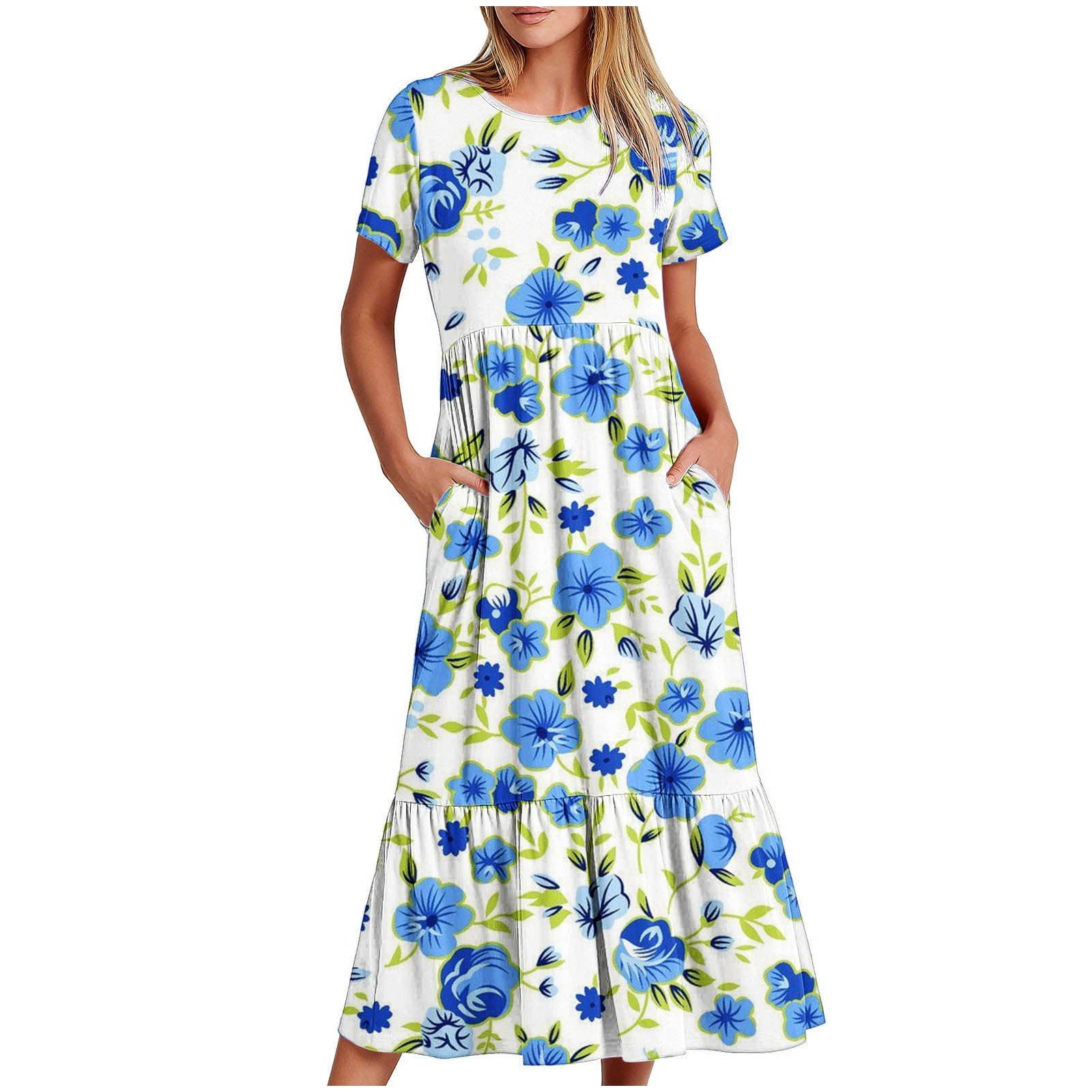 RYDCOT Women's Summer Short Sleeve Midi Dresses Casual Floral T-Shirt