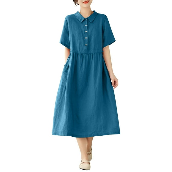 RYDCOT Women's Summer Short Sleeves Cotton Dress Button Up Turn-Down Collar Long Dresses with Pockets Solid Color Casual Loose Shirt Dresses Clearance Blue