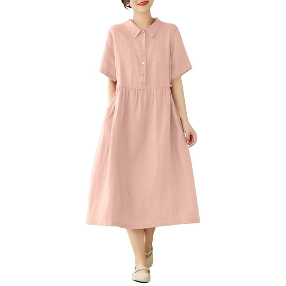 RYDCOT Women's Summer Short Sleeves Cotton Dress Button Up Turn-Down Collar Long Dresses with Pockets Solid Color Casual Loose Shirt Dresses s Pink