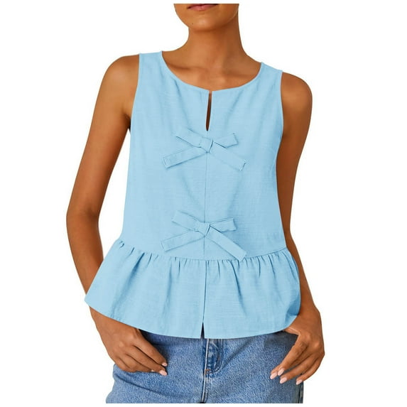 RYDCOT Women's Summer Sleeveless Tank Tops Crewneck Bow Loose Flowy Ruffle Peplum Babydoll Blouses Beach Vacation 2025 Flash Deals Light Blue