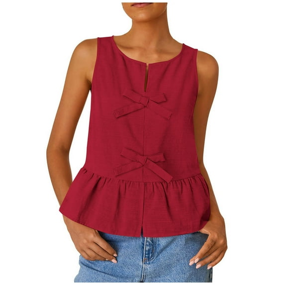 RYDCOT Women's Summer Sleeveless Tank Tops Crewneck Bow Loose Flowy Ruffle Peplum Babydoll Blouses Beach Vacation 2025 Sales Red