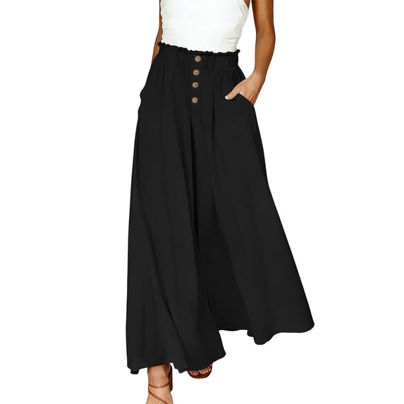 RYDCOT Women's Summer Solid Color Button High Waist Wide Leg Palazzo Pants with Pockets Black