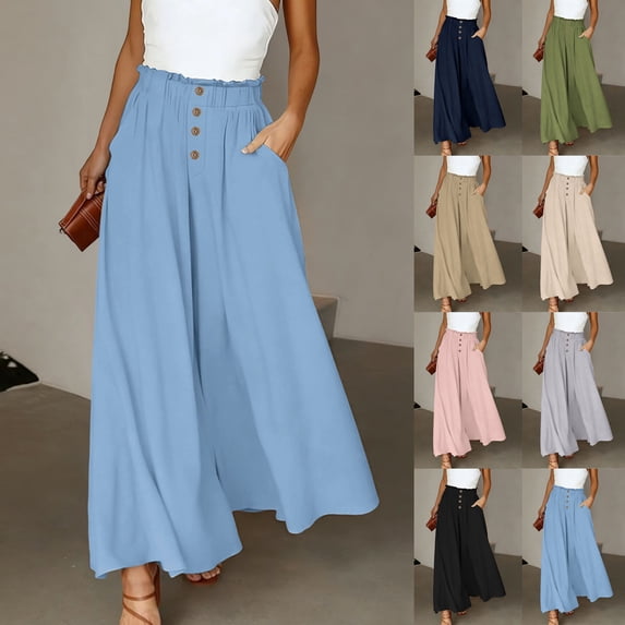 RYDCOT Women's Summer Solid Color Button High Waist Wide Leg Palazzo Pants with Pockets Pink