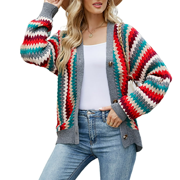 RYDCOT Women s Sweater Coats for Fall Winter V Neck Sweaters Cardigan Long Sleeve Button Down Casual Knit Color Block Stripes Sweater Jacket Sale
