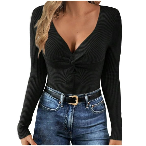 RYDCOT Women's Sweater Cute Twist Knot Knit Basic Tops Ribbed Long Sleeve V-Neck Pullover Sweater Fall Sweaters for Women Ladies Sweaters Clearance
