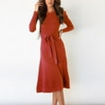 thumbnail image 1 of RYDCOT Women's Sweater Dress 2023 Fall Long Sleeve Round-Neck Tie Waist Slim Fit Elegant Ribbed Knit Bodycon Midi Dress Clearance Red, 1 of 7
