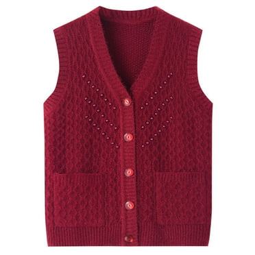 RYDCOT Women's Sweater Vests Button Front V Neck Spring and Winter Knitted Sweatshirt Thickened Shoulder Elderly Tank Top Grandma Cardigan on Clearance
