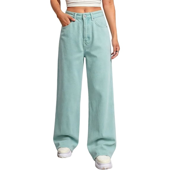 RYDCOT Women's Wide Leg Jeans Mid Waist Cargo Denim Pants Solid Color Casual Straight Leg Trousers with Pockets Mint Green