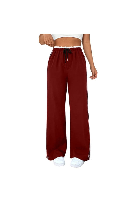 Women's Wide Leg Pants Drawstring High Rise Side Striped Slouchy Palazzo Pants with Pockets Red