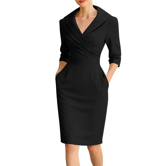 RYDCOT Women's Work Dress 3/4 Sleeve V Neck Bodycon Sheath Knee Length Dress office Business Solid Color Dresses Black
