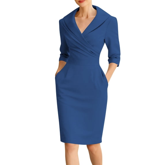 RYDCOT Women's Work Dress 3/4 Sleeve V Neck Bodycon Sheath Knee Length Dress office Business Solid Color Dresses Blue