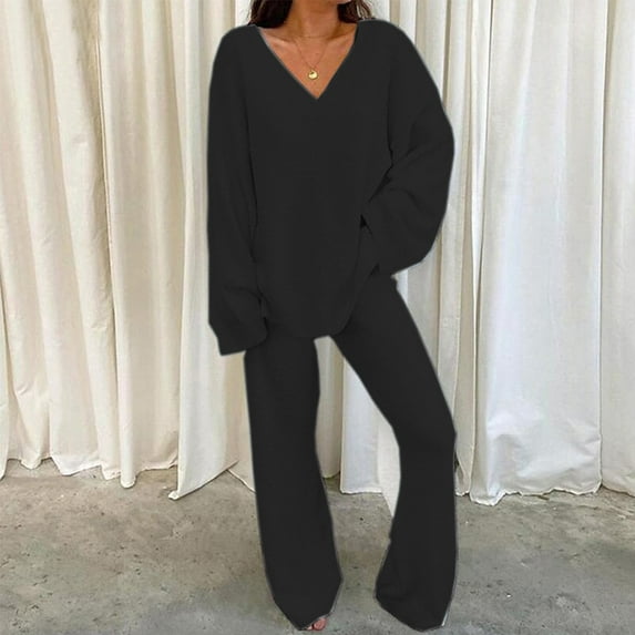 RYDCOT Womens 2 Piece Outfits Lounge Sets Fleece Fuzzy Two Piece Pajama Set for Women Long Sleeve Solid Color Tops with High Waist Pants on Clearance
