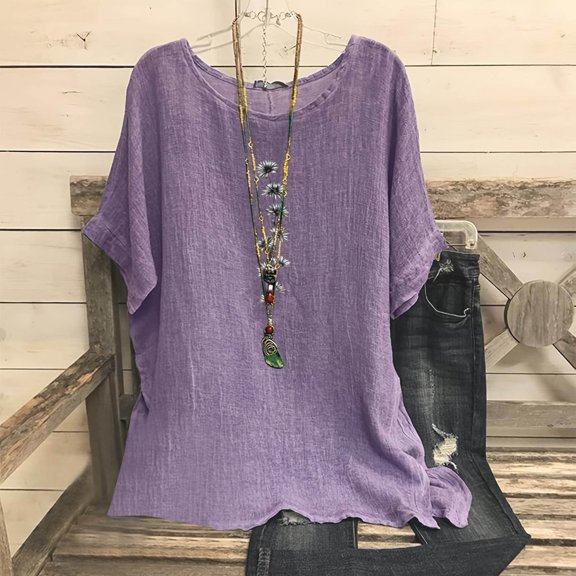 RYDCOT Womens 2024 Loose Fit Linen Cotton Tops Solid Crinkle Gauze Spring Shirts Crew Neck Shirts Blouses Tunics or Tops to Wear with Leggings