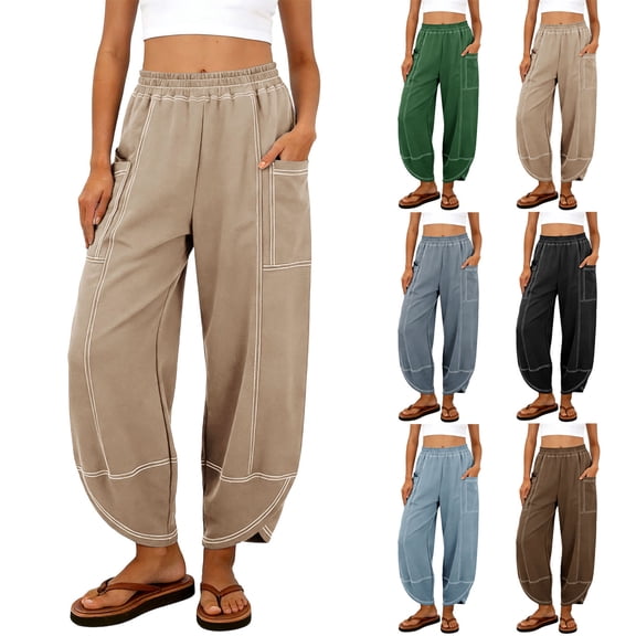 RYDCOT Womens Baggy Barrel Pants Elastic Waist Wide Leg Lounge Sweatpants with Pockets Navy