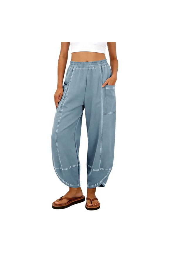 Womens Baggy Barrel Pants Elastic Waist Wide Leg Lounge Sweatpants with Pockets Navy