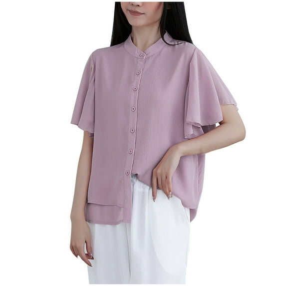 RYDCOT Womens Button Down Casual Chiffon Shirts Women's Spring Summer Tops 2025 Ruffle Short Sleeve Blouses Dressy Casual Fashion Women Clothes Flash Deals Purple