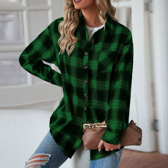 RYDCOT Womens Button Down Plaid Shirts Long Sleeve Blouse Oversized Boyfriend Shirts with Pockets Collared office Work Blouses Tops Sale or Clearance