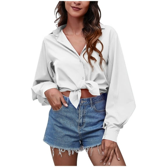 RYDCOT Womens Button Down Satin Shirt Long Sleeve V-Neck Solid Color Dress Shirts Work Business Casual Ladies Tops and Blouses or