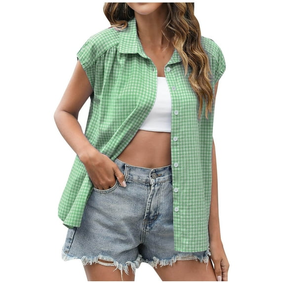 RYDCOT Womens Button Down Plaid Shirts Short Cap Sleeve Summer Turndown Collar Stripes Blouses Casual Tops Tunic Shirts for Women Loose Fit Green