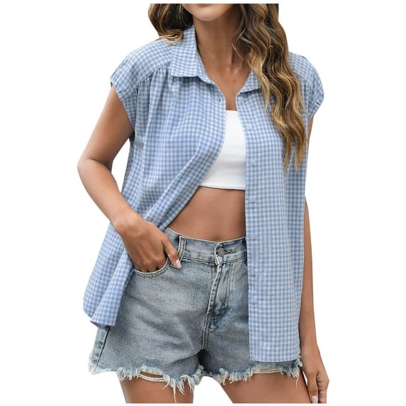 RYDCOT Womens Button Down Plaid Shirts Short Cap Sleeve Summer Turndown Collar Stripes Blouses Casual Tops Tunic Shirts for Women Loose Fit Sales Light Blue