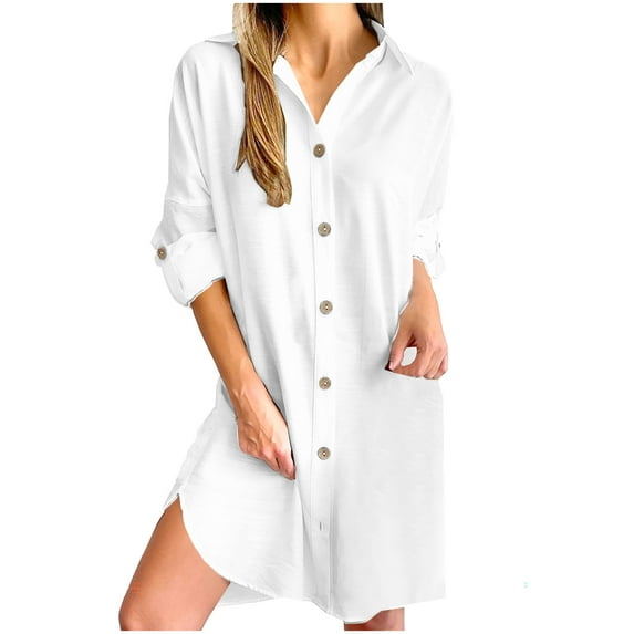 RYDCOT Womens Button Down Shirt Dresses Knee Length Long Sleeve Tunics Dress High Low Swimwear Cover Ups Bathing Suit Beach Vacation Clothes Sales White